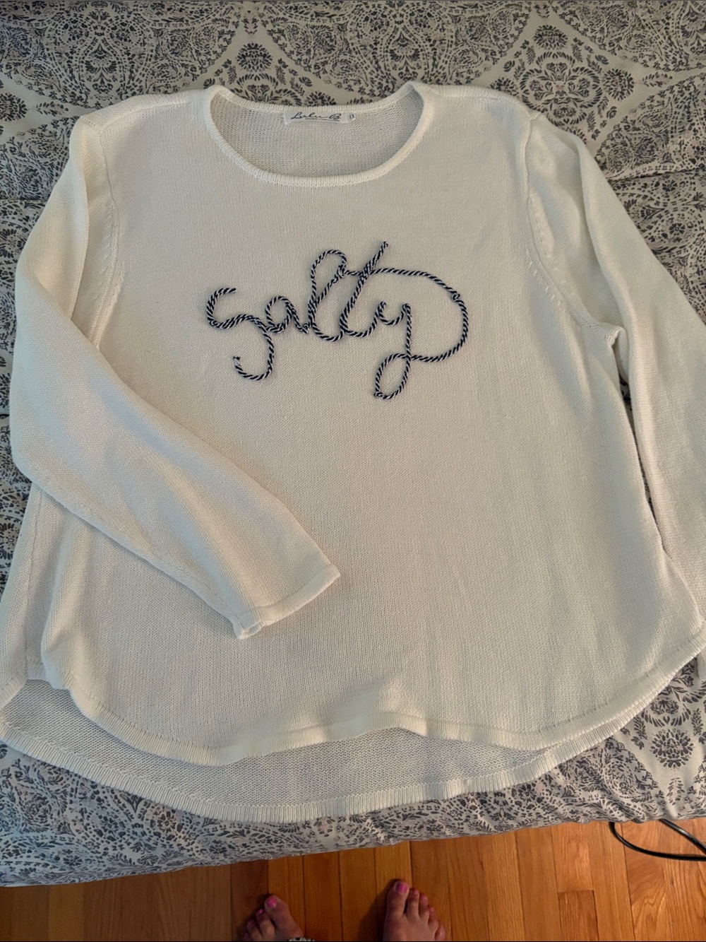 Embroidered 'Salty' Cream Crewneck Sweater